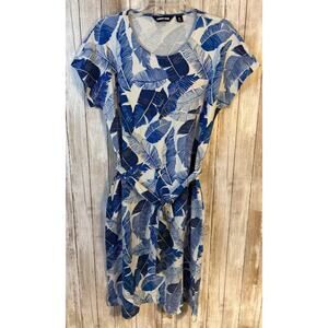 Lands' End Blue Leaf Print Tie‎ Waist Dress - Medium